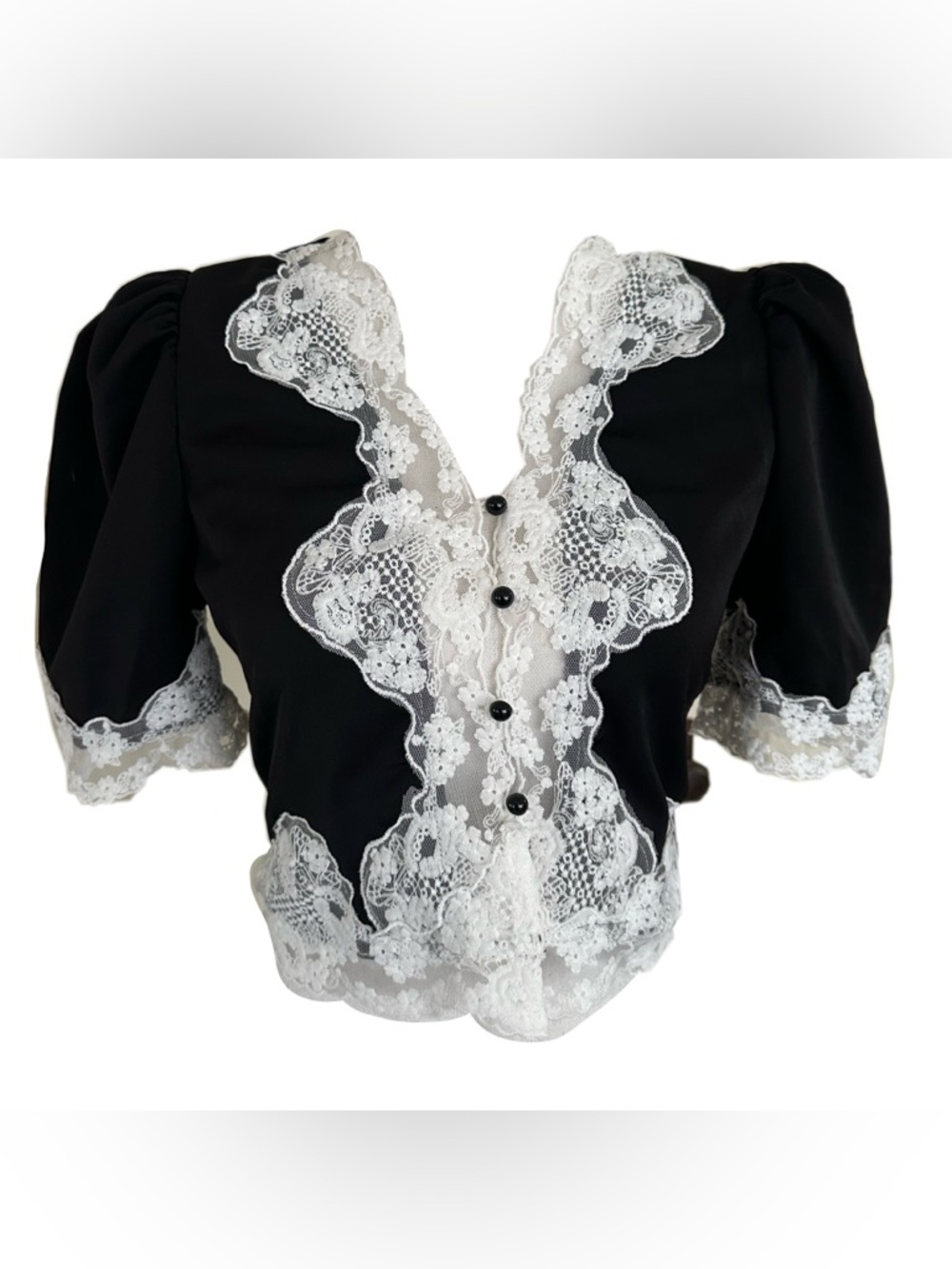 SHEIN Black Blouse with White Lace Trim
